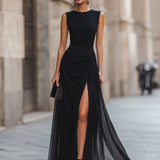 Draped High-Slit Layered Maxi Evening Dress