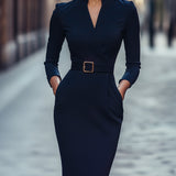Chantal | Robe fourreau noire raffinée, ceinturée et à col mandarin