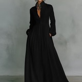 Émilie | Robe longue maxi minimaliste en coton et lin patchwork, col montant et manches longues