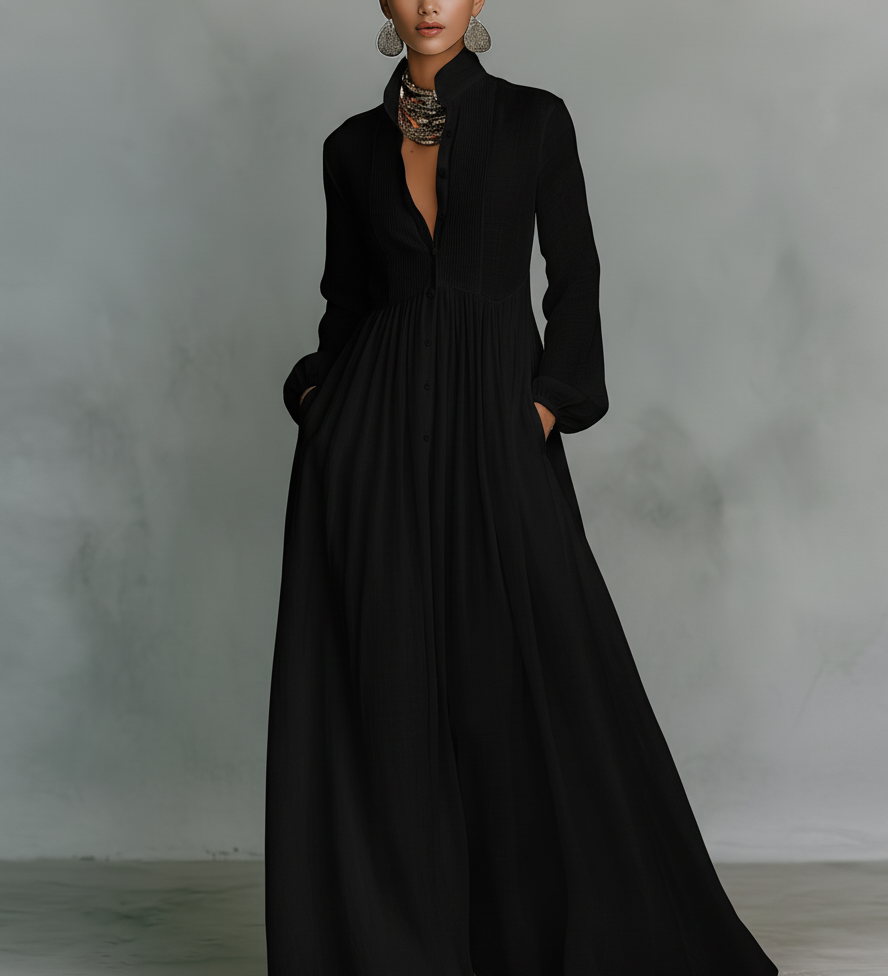 Émilie | Robe longue maxi minimaliste en coton et lin patchwork, col montant et manches longues