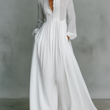 Émilie | Robe longue maxi minimaliste en coton et lin patchwork, col montant et manches longues