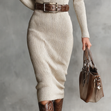 Judith | Robe midi cintrée pour femme, col roulé mi-long, manches longues, en maille, ceinture