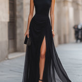 Draped High-Slit Layered Maxi Evening Dress