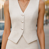 Julie | Ensemble deux pièces gilet à boutons nacrés et jupe longue