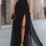 Draped High-Slit Layered Maxi Evening Dress