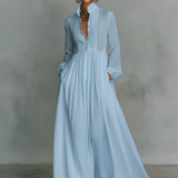 Émilie | Robe longue maxi minimaliste en coton et lin patchwork, col montant et manches longues