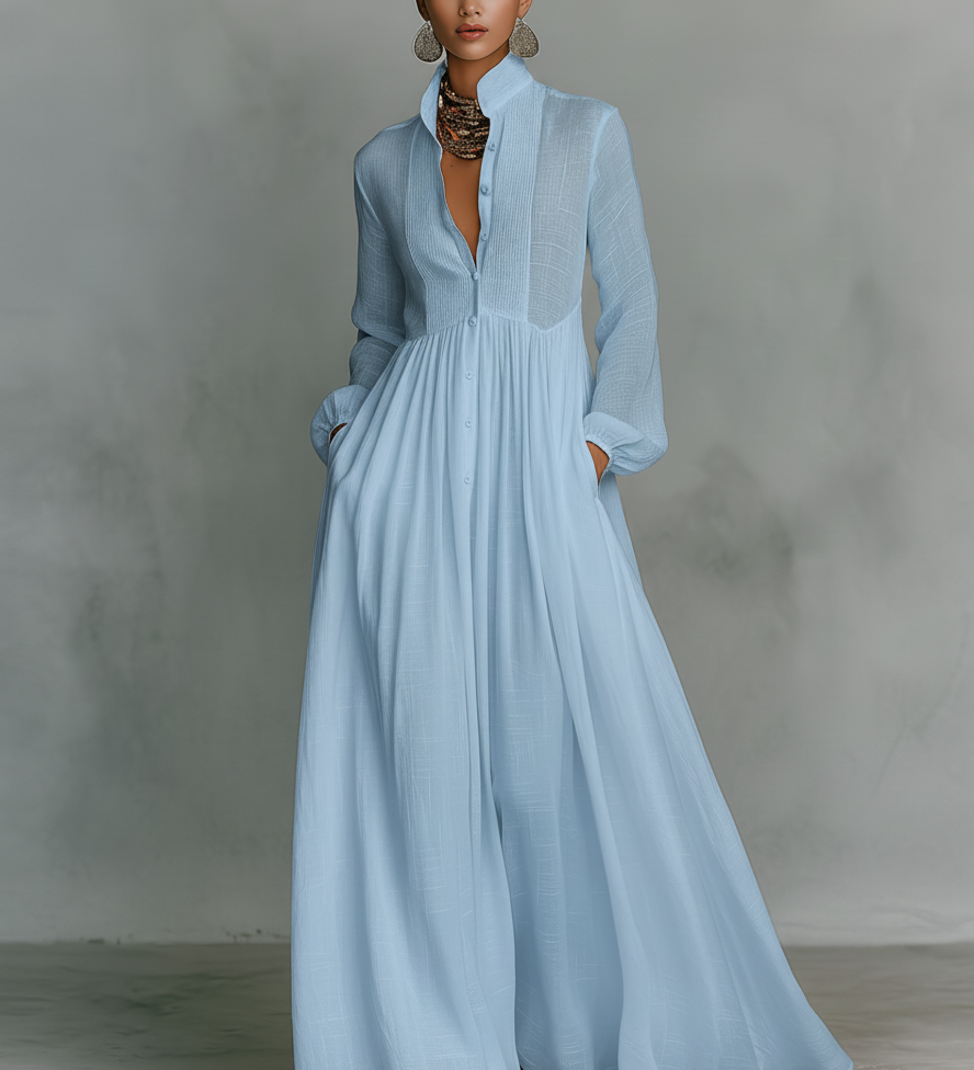 Émilie | Robe longue maxi minimaliste en coton et lin patchwork, col montant et manches longues