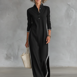 Clotilde | Robe longue sweat-shirt à col boutonné et à finitions blanches minimalistes pour femmes
