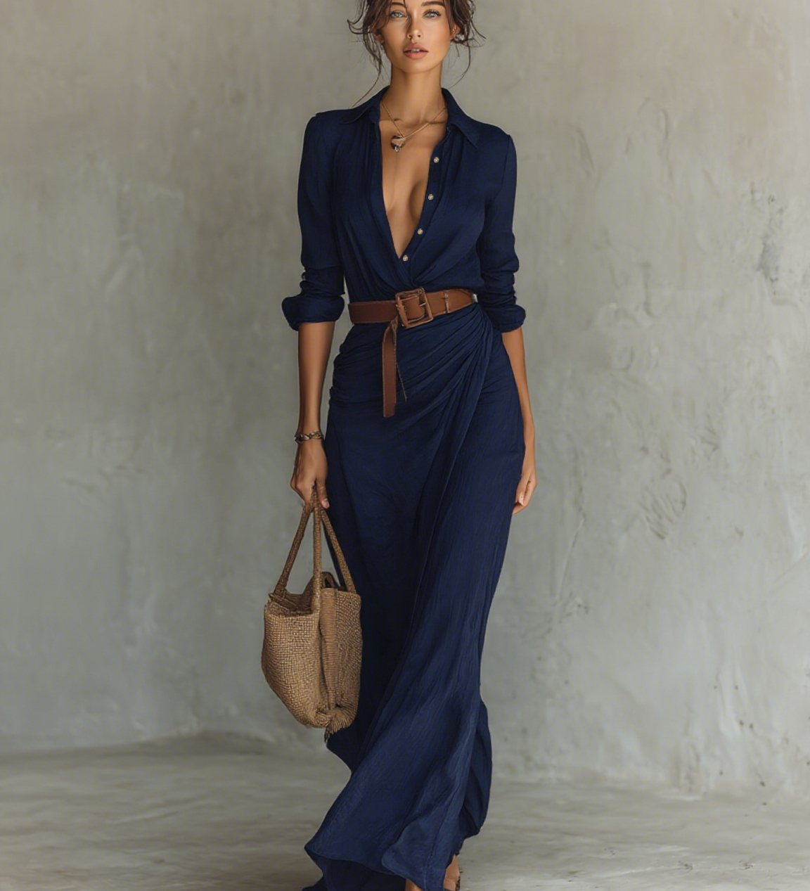 Melinda | Robe Longue Ceinturée à Revers pour Femme