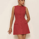 Sabine | Robe courte sans manches à boutons en coton et lin