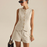 Kambriah | Ensemble gilet boutonné en tweed et mini-short