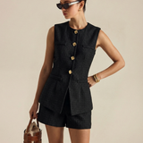 Elvie | Ensemble gilet et short en tweed à boutons métalliques