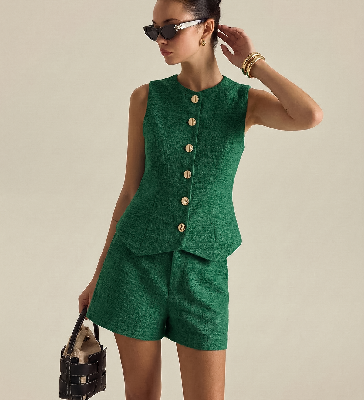 Kambriah | Ensemble gilet boutonné en tweed et mini-short