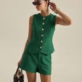 Kambriah | Ensemble gilet boutonné en tweed et mini-short