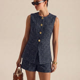 Elvie | Ensemble gilet et short en tweed à boutons métalliques