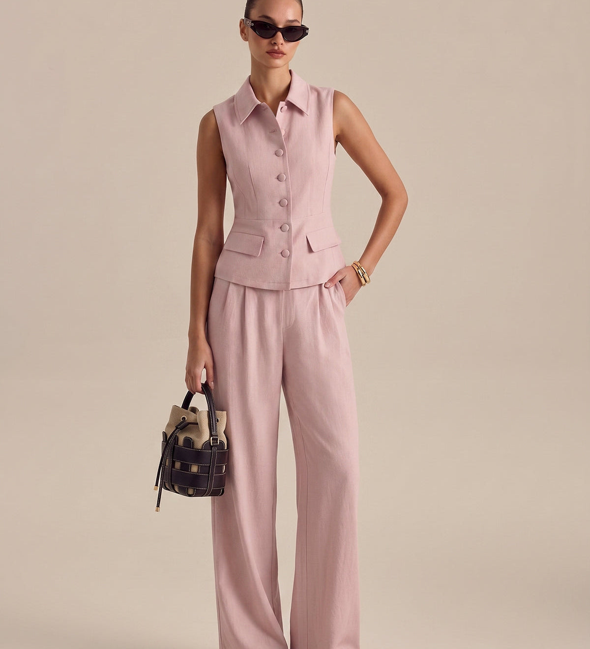 Céleste | Ensemble gilet et pantalon en coton et lin à col