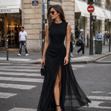 Draped High-Slit Layered Maxi Evening Dress