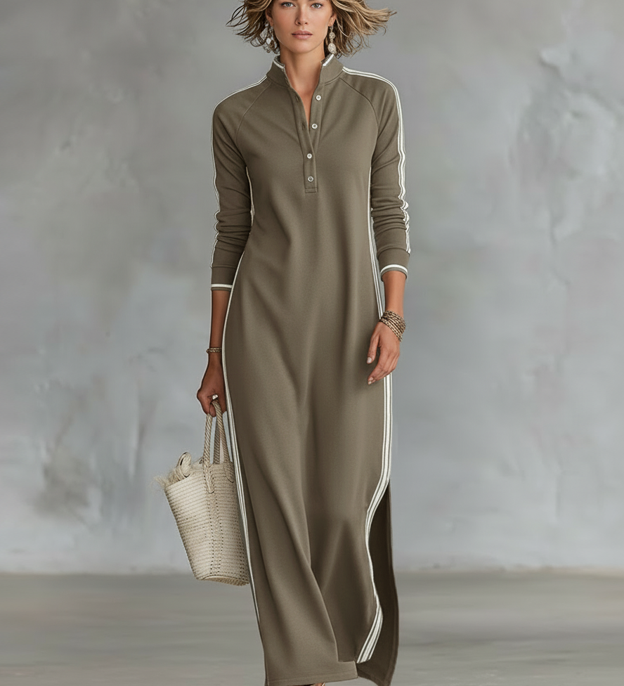 Clotilde | Robe longue sweat-shirt à col boutonné et à finitions blanches minimalistes pour femmes