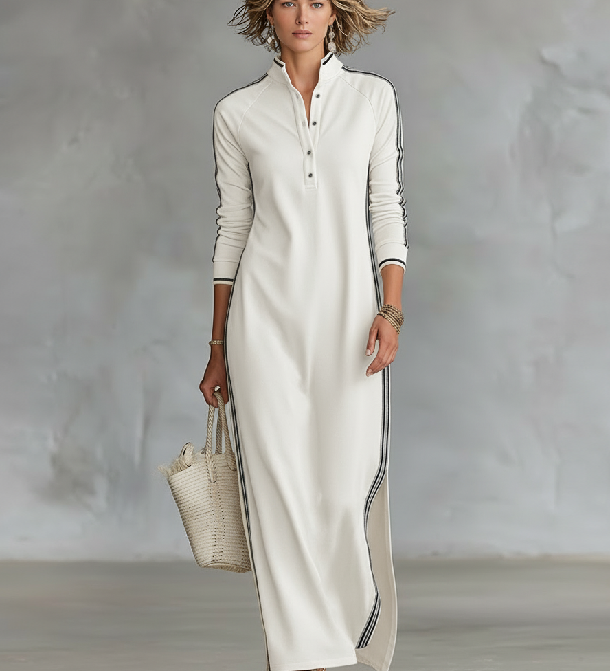 Clotilde | Robe longue sweat-shirt à col boutonné et à finitions blanches minimalistes pour femmes