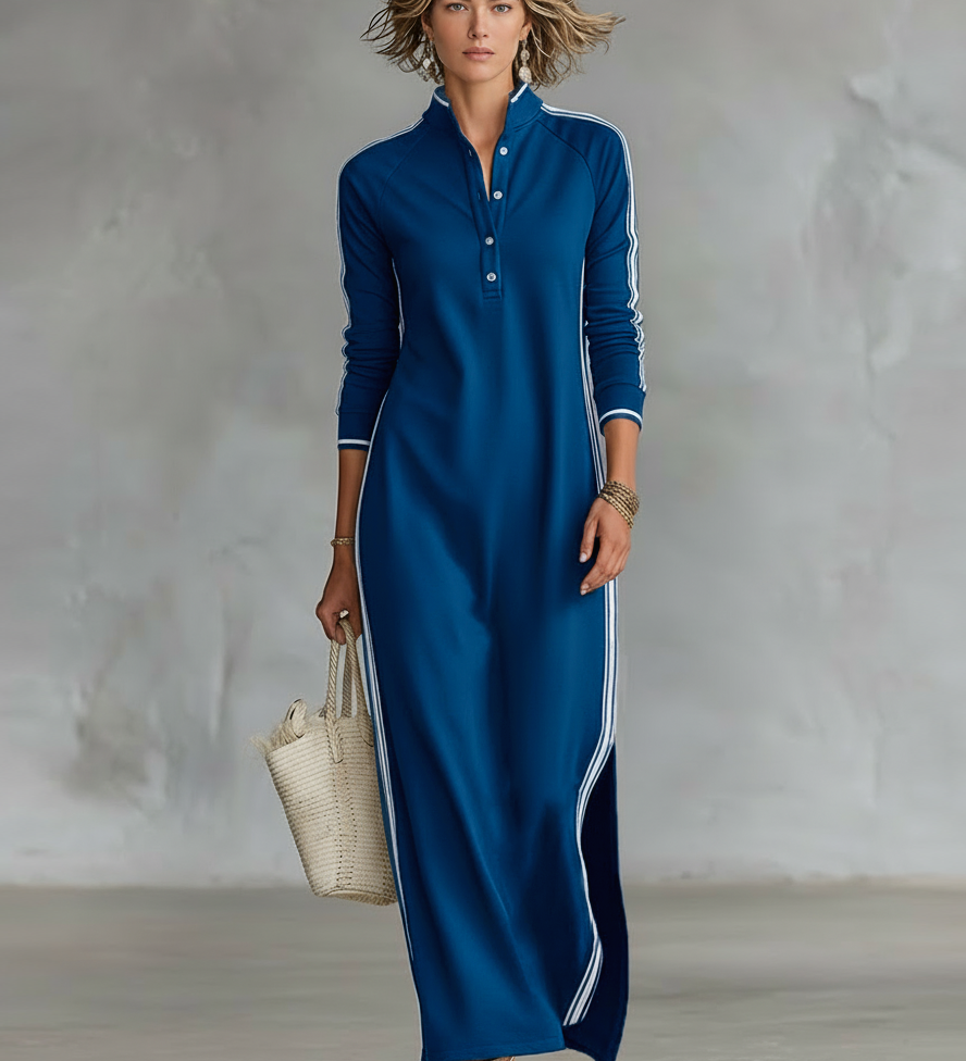 Clotilde | Robe longue sweat-shirt à col boutonné et à finitions blanches minimalistes pour femmes