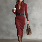 Judith | Robe midi cintrée pour femme, col roulé mi-long, manches longues, en maille, ceinture