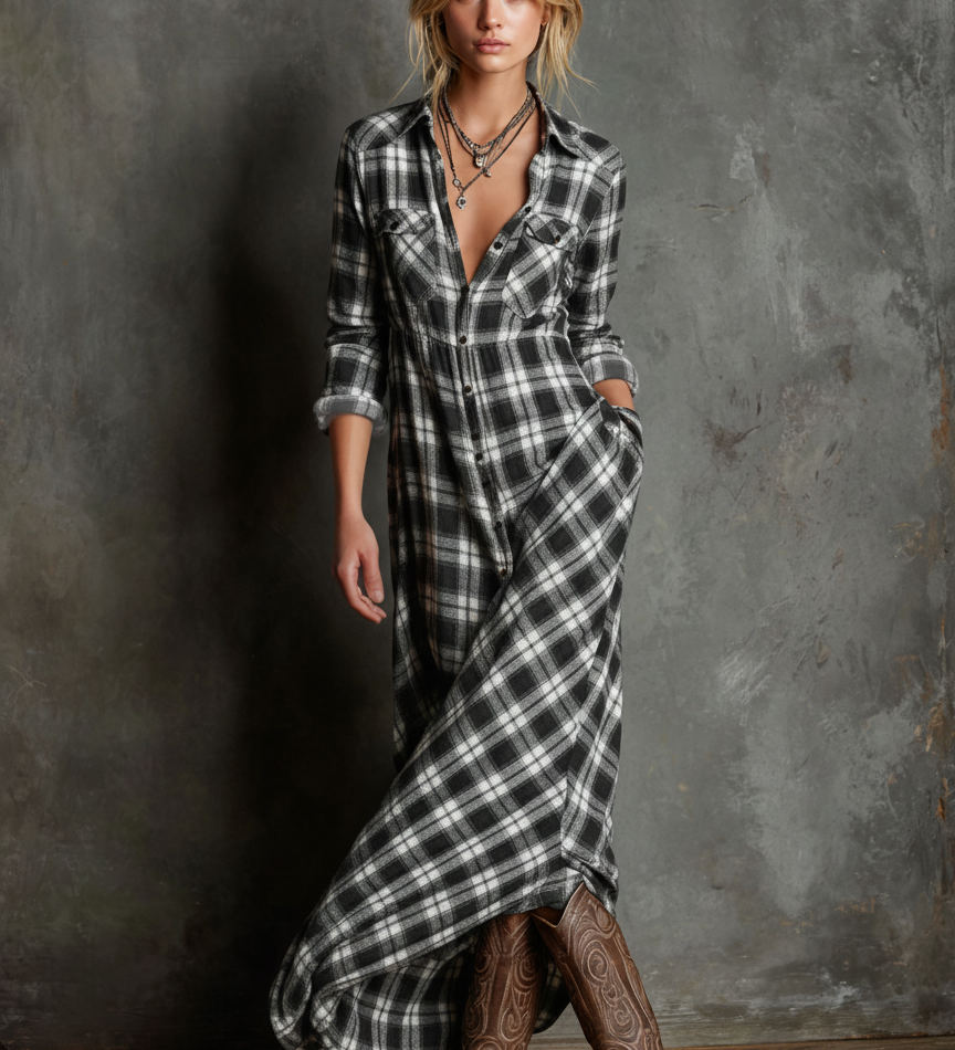 Philomène | Robe-chemise maxi à carreaux pour femme