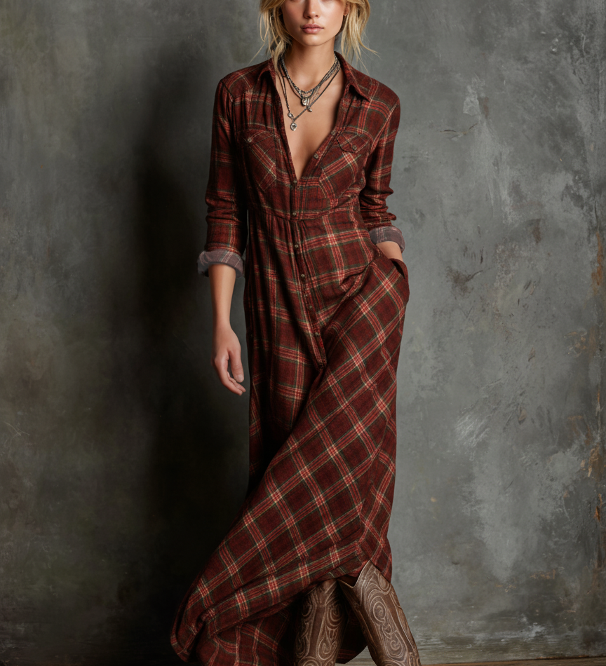 Philomène | Robe-chemise maxi à carreaux pour femme