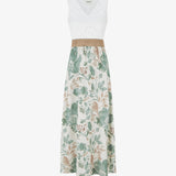 Robe longue à dentelle et imprimé floral - Kaki clair
