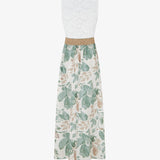 Robe longue à dentelle et imprimé floral - Kaki clair
