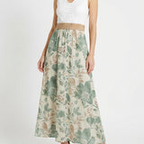 Robe longue à dentelle et imprimé floral - Kaki clair