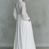 Émilie | Robe longue maxi minimaliste en coton et lin patchwork, col montant et manches longues