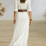 Vionne | Robe longue à manches longues, col plissé, simple boutonnage, en imitation coton et lin pour femme
