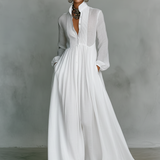 Émilie | Robe longue maxi minimaliste en coton et lin patchwork, col montant et manches longues