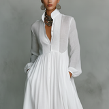 Émilie | Robe longue maxi minimaliste en coton et lin patchwork, col montant et manches longues