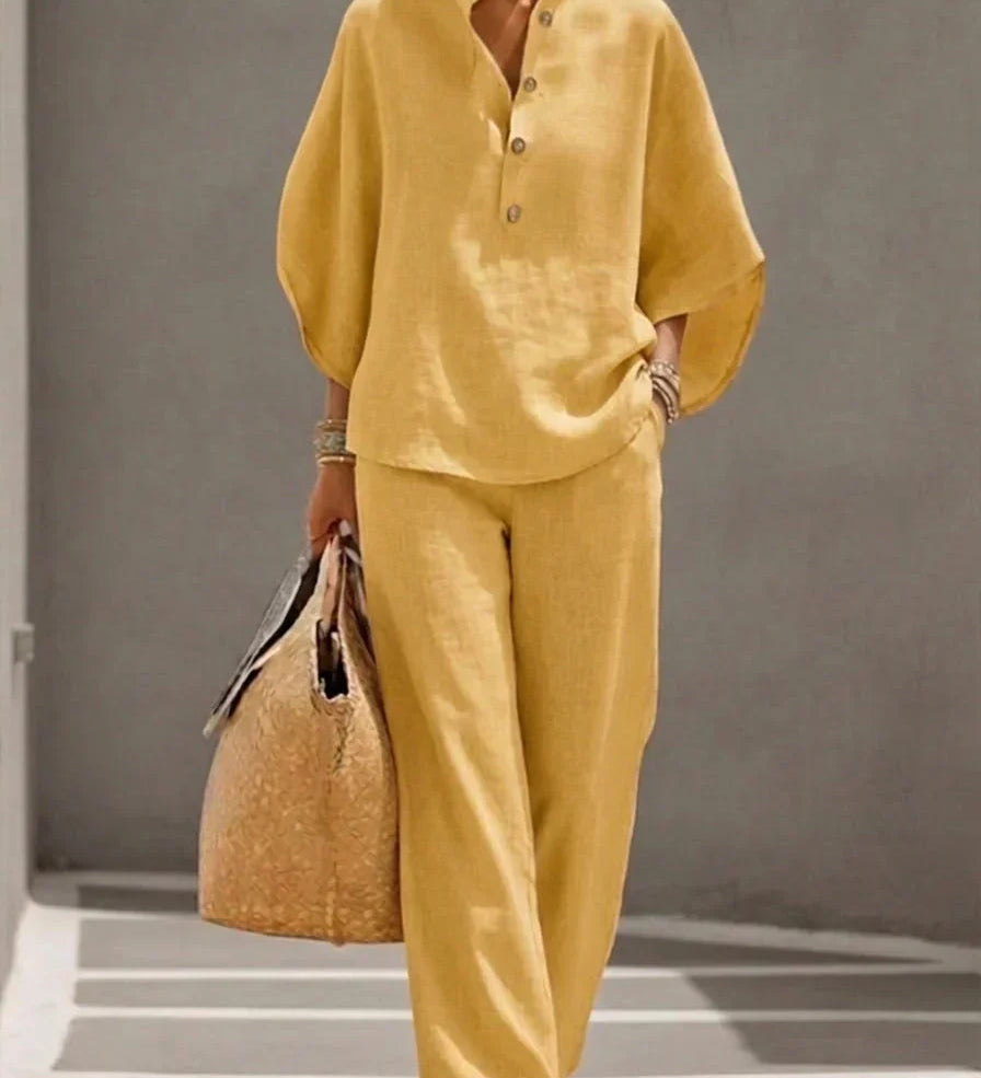 Maribel™ | Ensemble en lin à manches chauve-souris et pantalon ample
